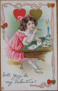 Valentine 1910 Postcard: Girl Writing Postcards w/Fountain Pen - Color Litho - Bild 1 von 1