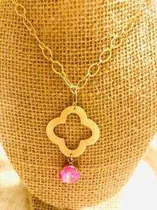 Matt Gold  Chain With 12 Mm Square Ultra Pink Swarovski Crystal Gold Pendant - Picture 1 of 6