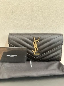 AUTH Saint Laurent YSL Monogram Large Flap Black Leather Long Wallet Gold Logo - Picture 1 of 6