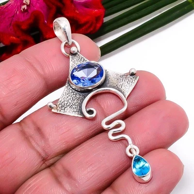 Tanzanita, Topacio Azul Oxidado Plata de Ley 925 Colgante 2.54" Sk45, Navidad Foto 1 de 4
