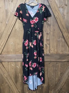 Maxi abito donna Fortune + Ivy nero floreale hi-low avvolgente manica corta piccola - Foto 1 di 5