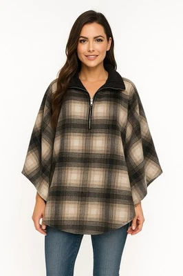 Poncho a cuadros en blanco NYC capa chaqueta cuarto cremallera cuello de cuero vegano Foto 1 de 4