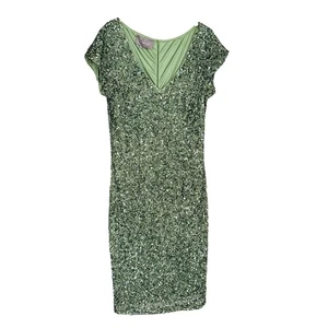Theia Green Sequin Cap Sleeve V-Neck Cocktail Dress 12 - Picture 1 of 6