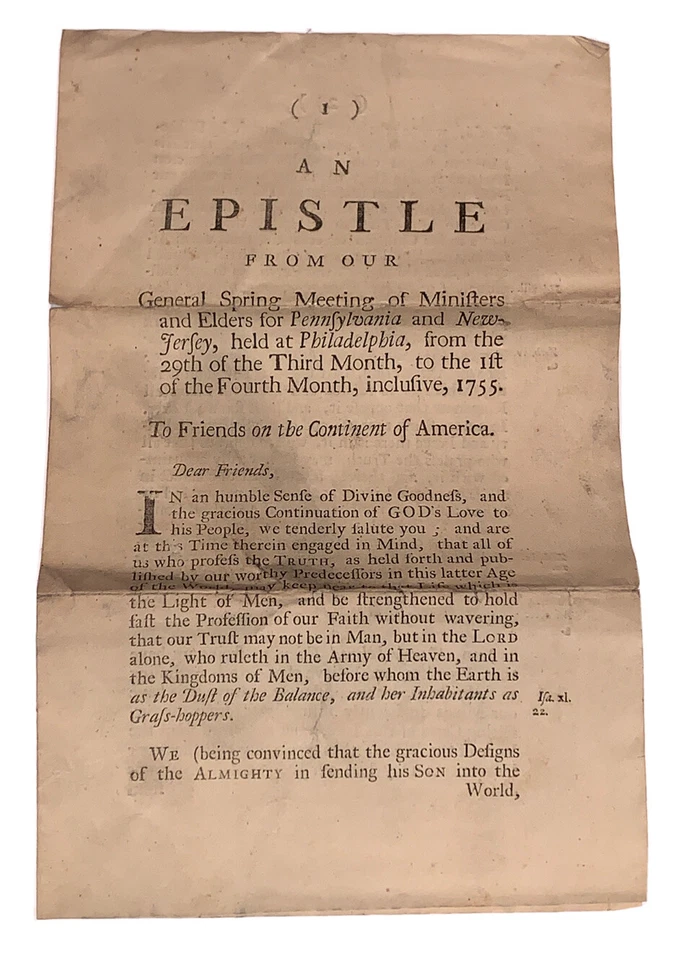 1755, PHILADELPHIA, QUAKER EPISTLE, MEETING OF MINISTERS & ELDERS, PENNSYLVANIA - Image 1 of 4
