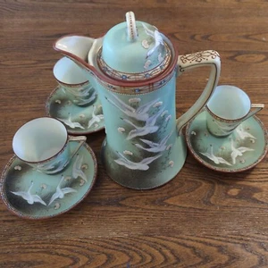 Antique 7pc Nippon Moriage Chocolate Set, Pot + 3 Cups & Saucers Swans Japan - Picture 1 of 22