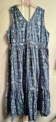 Lovely Vintage Blue Floral Print Indian Cotton Tiered Maxi Dress 22 - Image 1 of 4