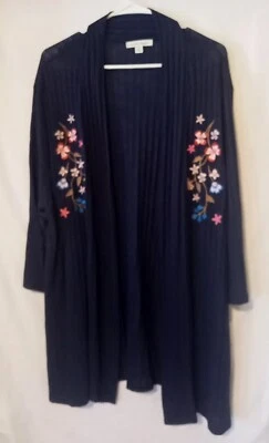 Suéter Studio Works feminino tamanho 2XL azul frente aberta bordado flores novo com etiquetas - Imagem 1 de 4