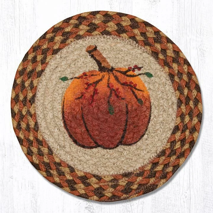 CAPITOL EARTH RUGS Set of 2 BraidedJute Round Placemat/Trivet/Swatch.HARVEST PUMPKIN.Earth Rugs.10"