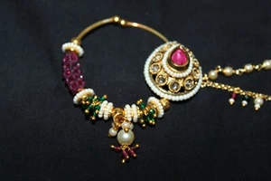 Nose Ring Non Piercing Indian Gold Plated Kundan Pearl Decorated Nath Jewelry - Picture 1 of 8