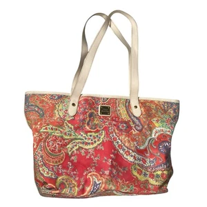 Lauren Ralph Lauren Paisley Tote Bag Purse Large Canvas Floral Red Metal Logo - Picture 1 of 14