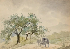 Desconocido sin firmar / Acuarela 1866 Carruaje con caballos en paisaje primaveral - Imagen 1 de 22