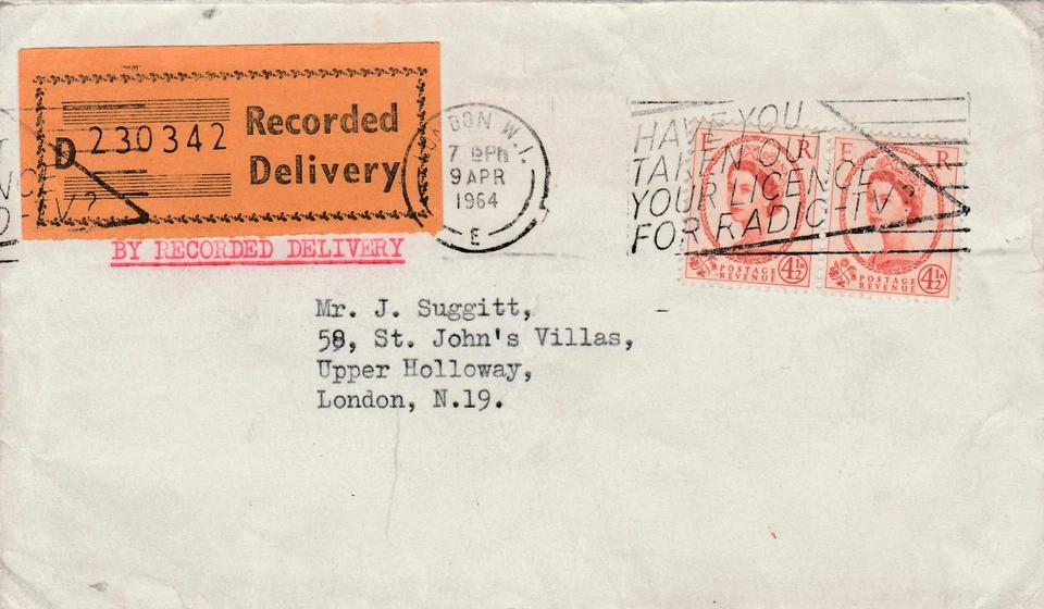 GB LONDON Queen Elizabeth 4d 1/2d x2 Wilding Pair RECORDED DELIVERY 1964 - Image 1 of 1