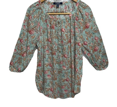 Blusa feminina Chaps floral manga 3/4 botão gaze camponesa multicolorida tamanho G - Imagem 1 de 4