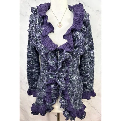 Y2K Fairy Grunge Cardigan Duster Ruffle Sz L Whimsigoth Purple Asymmetric Knit - Image 1 of 4