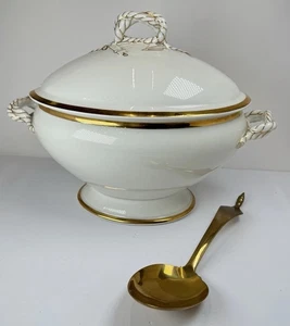 Antigua sopa cubierta Haviland Limoges Francia cuerda dorada cuchara de latón - Imagen 1 de 24