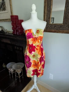 Y2K David Meister Size 4 Silk Floral Strapless Rhinestone Accent Cocktail Dress - Picture 1 of 14
