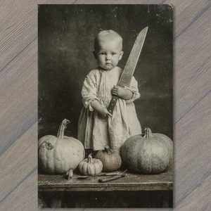 Art Print Baby Holding Knife Pumpkins Creepy Funny Halloween Retro Dark Humor - Picture 1 of 1