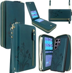 Lacass for Samsung Galaxy S25 Ultra Wallet Case,Crossbody Floral Cyan Green - Zdjęcie 1 z 1