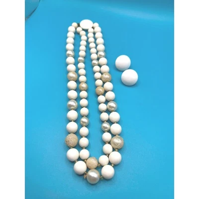 Vintage Double Strand Beaded Necklace Enamel Earrings Set Cream Gold Tone Accent - Image 1 of 4