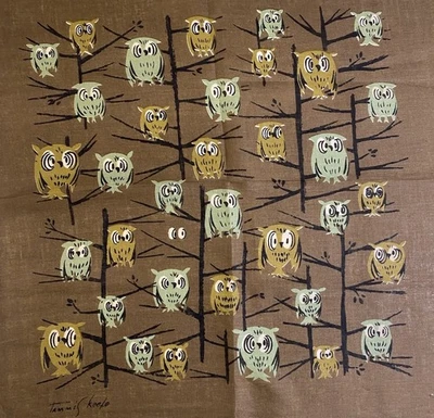 Vtg. TAMMIS KEEFE Mid Century Hanky Big-Eyed Owls on Branches NOS - Image 1 of 4