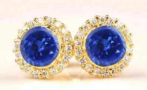 Natural blue Tanzanite earrings 14k Yellow Gold Diamond earrings for women - Picture 1 of 4