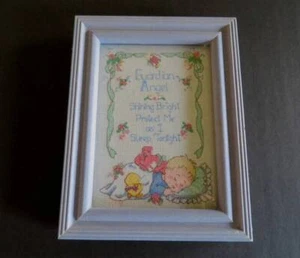 Completed Framed CROSS STITCH Guardian Angel Baby Boy Picture Needlework Nursery - Picture 1 of 4