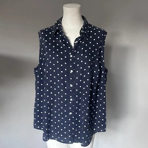 Lauren Ralph Lauren Size 2X Linen Top Blue White Polka Dot Collared Sleeveless - Picture 1 of 5
