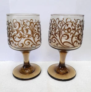 2 Vintage Libbey Tawny braune Prado erhöhte Schriftrolle Design Wein- oder Wassergläser - Bild 1 von 9