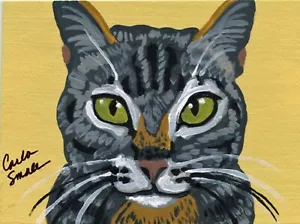 Pintura Original ACEO ATC Gato Tabby Mascota Arte -Carla Pequeña - Imagen 1 de 2