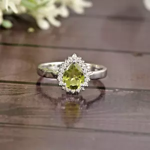 1.23 cts Natural Green Peridot Gemstone Diamond Sterling Silver Ring size US 4-8 - Picture 1 of 8