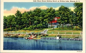 Lake Shore House Bathing Beach on Walton Lake, Monroe, New York Postcard c1937 - Picture 1 of 2