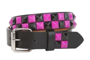 Kids 1" Snap On Black & Fuchsia Checkerboard Punk Rock Studded Leather Belt - Picture 1 of 1