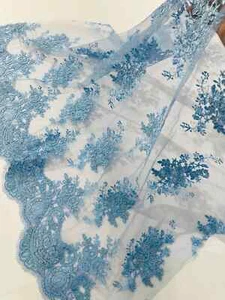 Damastblume Spitzenstoff - Baby blau - Damastblumen Spitzennetz Stoff von Hof - Bild 1 von 6
