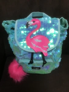 JUSTICE MINI BACKPACK PINK FLAMINGO FLIP SEQUINS COOL OCEAN AQUA SHIMMER CUTE!! - Picture 1 of 5