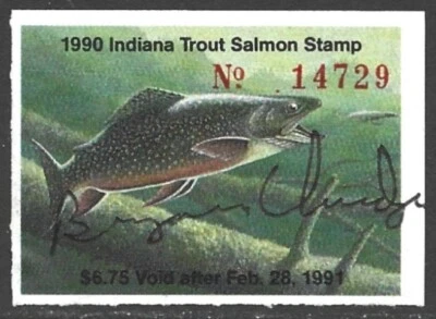 USA 1990 INDIANA Trout & Salmon Fishing Revenue Stamp #41 Signed - Image 1 of 2