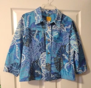 RUBY RD Jacket Blue Floral Denim Jacket 3/4 Sleeves Women's Size 10 - Picture 1 of 8