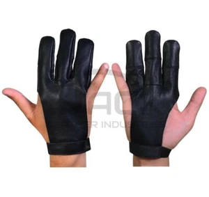 3 Finger leather Archery Shooting Gloves cow leather Black & Yellow - Picture 1 of 8