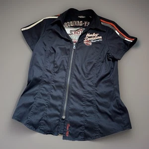 Harley-Davidson Embroidered Women's SS Size Med. Zip Up Garage Shirt Black - Picture 1 of 11