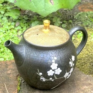 Tokoname Pottery Japanese Teapot Tenmoku glaze Gold lid White Plum Kyusu 260ml - Picture 1 of 10
