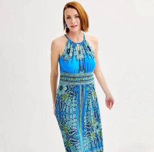 Neu ohne Etikett Damen Gr. 8 London Times Neckholder Boho blau/grün Sommer Paisley Kleid - Bild 1 von 11