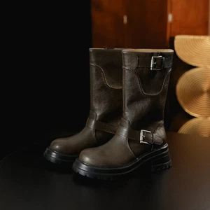 Botas cortas de invierno de cuero genuino de tacón alto grueso para mujer con hebilla botas de caballero - Imagen 1 de 21