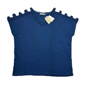 Retrology Size Medium Blue Caged Short Sleeve Lace Trim Top - Picture 1 of 8