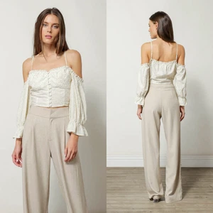 NWT Line and Dot Off Shoulder Large White Green Floral Puff Sleeve Smocked Top - Picture 1 of 13