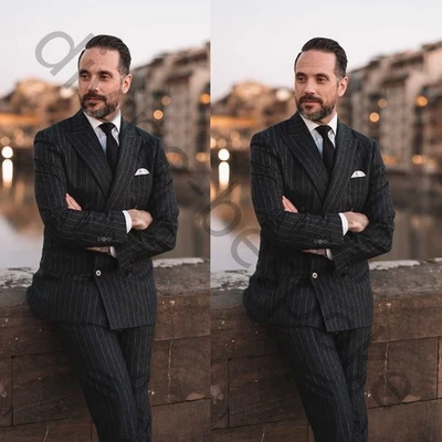 Trajes negros para hombre a rayas con solapa de pico de doble pecho boda novio esmoquin 2 un. Foto 1 de 4