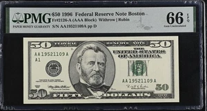 1996 $50 Federal Reserve Note Fr-2126-A Boston PMG66 Gem EPQ - Picture 1 of 2