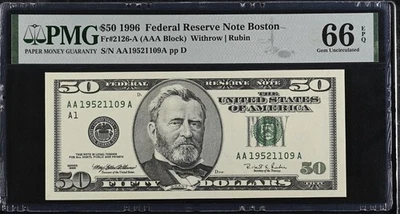 1996 $50 Federal Reserve Note Fr-2126-A Boston PMG66 Gem EPQ - Image 1 of 2