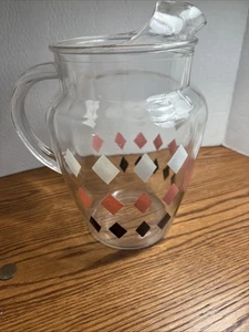 Vintage MCM Harlequin Diamond Glass Pitcher Pink, Black & White - Picture 1 of 6