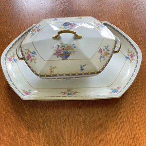 Vintage MZ Altrohlau CMR Deckelterrine & passendes Tablett Blumenmuster Goldrand - Bild 1 von 22