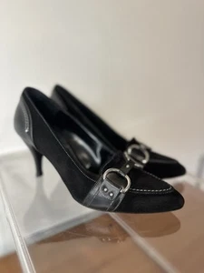 Bally Shoes Women’s Sz 6 M Pumps Black Leather + Suede Silver Horsebit Italy - Picture 1 of 23
