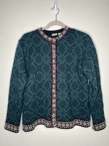 Vintage L.L. Bean Nordic Fair Isle 100% Merino Wool Knit Cardigan Sweater Sz M - Picture 1 of 15